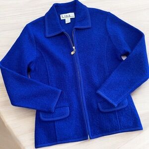 Lisa International Blue Boiled Wool Jacket Sz S Zipper Front Blazer Pockets